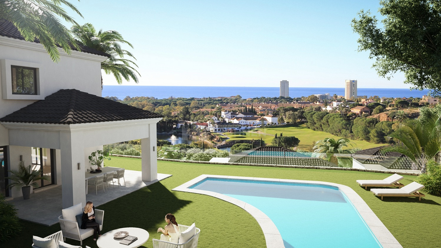 Detached villas and semi-detached houses with golf and ocean views