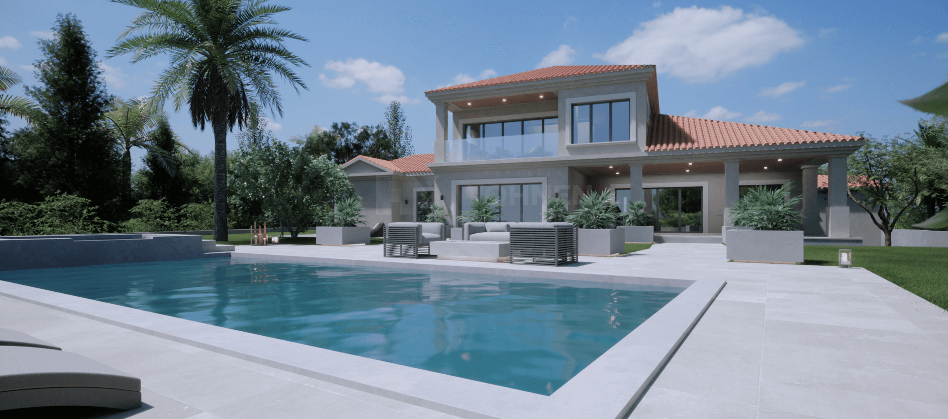 Moderne Golfvilla im andalusischen Stil in erster Meereslinie